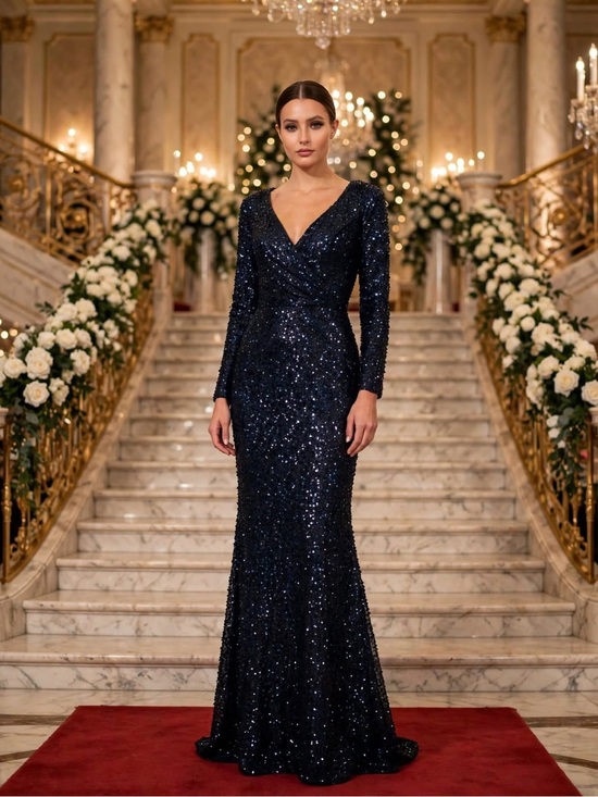 Mac Duggal Dresses & Skirts - Mac Duggal Elegant Navy Sequin Gown v neck long sleeves size 6 NWT